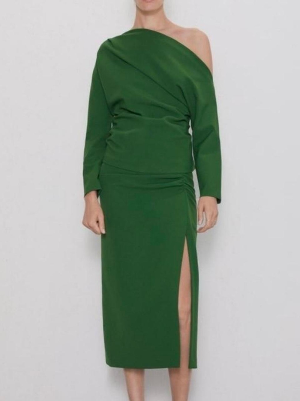 Zara Green One-Shoulder Midi set with Side Slit